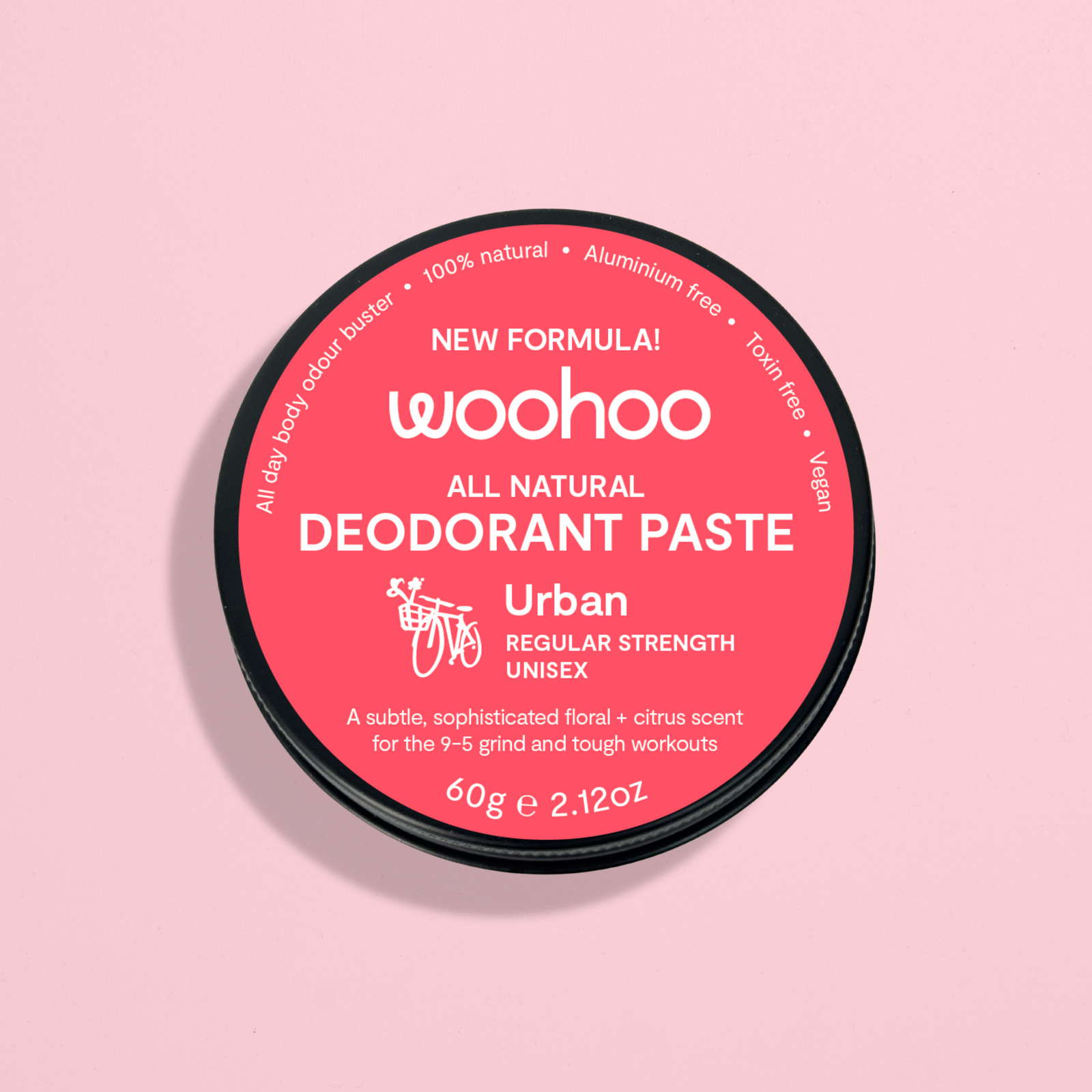 Woohoo Urban natural deodorant paste, 60g recyclable tin — regular strength, floral-citrus scent with orange, cedarwood and palmarosa.
